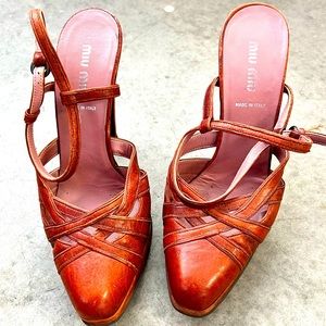 Miu Miu Burnt Orange Leather Ankle Strap Platform Sandals Size 38